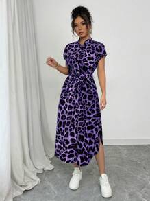 Chiquease Women's Casual Vacation Travel Leopard Print Front Button Shirt Belt Bow Pocket Side Slits 2025 Summer New Short Sleeve Long Dress