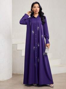 Veilorie Women's Elegant Rhinestone Embellished Dress, Modest - Purple - View 6