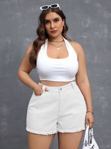SHEIN Essnce 大码夏季纯色磨边口袋牛仔短裤 - 白色 - 查看 4