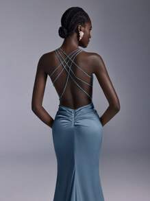 SHEIN Belle Váy dạ hội đuôi cá cổ chữ V hở lưng, sang trọng, tối giản, sang trọng, chất liệu satin, sang trọng, tối giản, sang trọng, thanh lịch, sang trọng ... - Màu xanh bụi bặm - Xem 3