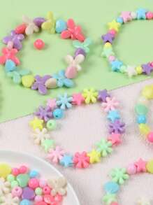 SHEIN 1 Set(100g)/2 Set(200g)/5 Set (500g ) Randomly Mixed Colored Five Pointed Star Small Flower Butterfly Heart-Shaped Beads, With Pre Drilled DIY Jewelry Manufacturing Material Package Set, Used For DIY Bracelets, Phone Chains, Bag Chains, Handmade Jewelry Manufacturing Equipment (Including Elastic Rope)