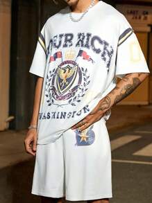 PAVTROS 男士礼物，男士超大图案闪电鹰展翅、国旗皇冠字母印花圆领短袖 T 恤和短裤休闲套装，日常适合朋友、男朋友礼物 男士服装 男士 T 恤套装 男士服装 男士 T 恤套装 男士两件套服装 男士 T 恤套装 男士俱乐部服装 - 杏色 - 查看 3