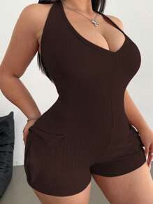 Flirla Neck Hanging Knitted U-Neck Multi-Pocket Jumpsuit - Brown - View 5