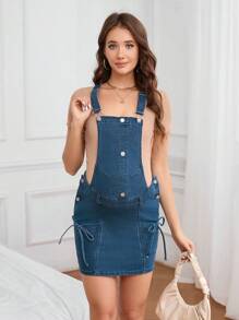 SHEIN Maternity Denim Overall Dress With Pockets & Side Button Design - Medium Wash - View 4