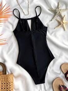 SHEIN 青少年女孩黑色连体泳衣，带吊带领、腰部褶饰和镂空设计，适合在海滩和海洋中穿着
