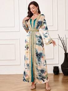 Al Najma Women's Tie-Dye Print Long Sleeve Dress, Modest Kaftan - Teal Blue - View 4