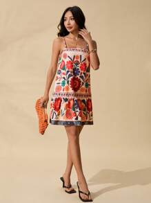 SHEIN PETITE 逼真印花吊带 A 字下摆连衣裙，适合海滩、海滨度假，适合夏季 - 彩色 - 查看 6