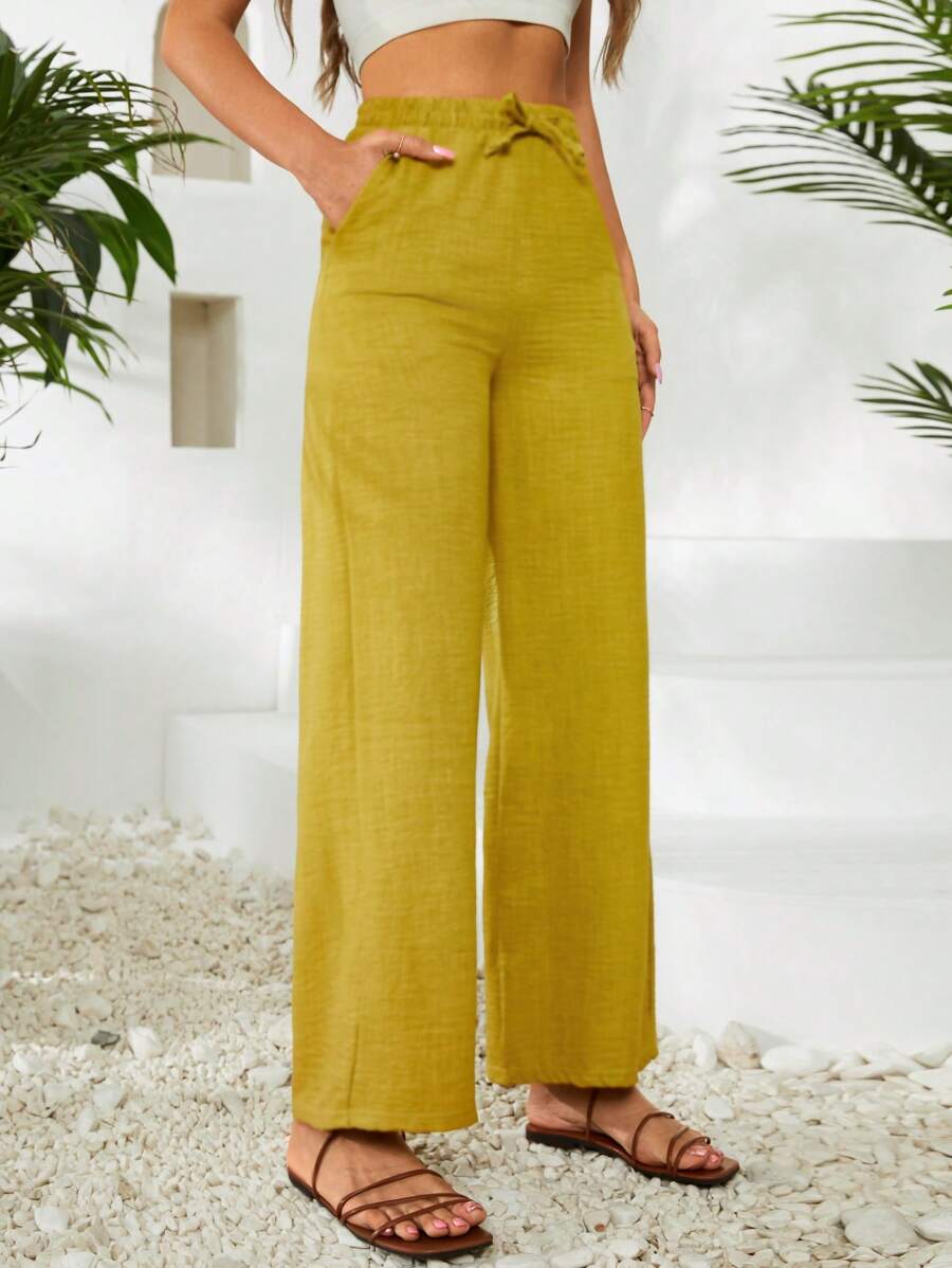 EURMUSE Solid Slant Pocket Wide Leg Trousers - Olive Green - View 1