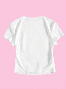 Tween Girl Casual Chic Minimalist Fresh Green Bowknot Letter Grafiskt tryck Monterad Crop Top T-shirt (syskon/matchande T-shirt, 2 stycken säljs separat) - Vitt - Visa 2