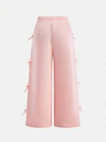 SHEIN Young Girls' Casual Sports Loose Solid Color Bowknot Decor Simple Versatile Wide Leg Pants For Spring & Autumn - Pink - View 2