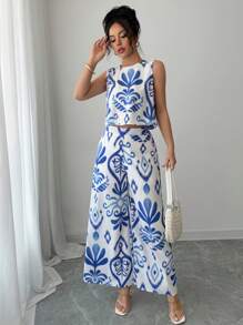 Breezaya 2件套夏季休闲度假碎花上衣+宽松阔腿裤套装 - 彩色 - 查看 6