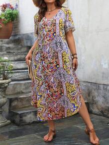 Plus Size Peplum Hem Printed Vacation Leisure Dress Maxi Women Outfit - Orange - View 1