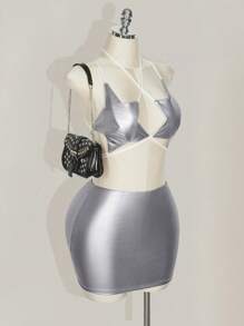 SHEIN ICON Plus Size Metallic Silver Bodycon Mini Skirt, Music Festival - Silver - View 4