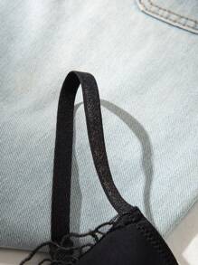 1 件女士黑色无钢圈蕾丝拼接文胸，休闲舒适，提升和支撑小胸围