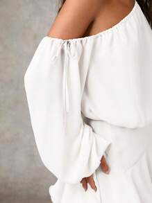 SHEIN BAE Vestido corto de mujer casual con cuello asimétrico, manga farol y volantes en el bajo, perfecto para un brunch, atuendo de mujer de otoño, vestido para una fiesta del té - Blanco - Ver 6