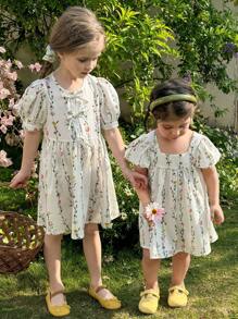 LMoss Kids LMoss  Baby Girl Ditsy Floral Round Neck Puff Sleeve Fitted Casual Dress Sisters Outfit,Suitable For Spring And Summer Spring And Summer Spring Dresses For Girls Baby Spring Dress Baby Girl Cute Dress Toddler Spring Dresses Toddler Girl Bodysuit  Suitable For Spring And Summer - Multicolor - View 4