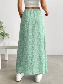 SHEIN EZwear 女士碎花喇叭裙，度假和休闲装 - 綠色 - 查看 2