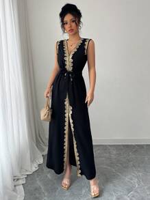 Rafferiza Vestido largo elegante de mujer sin mangas con escote en V y ajuste a la cintura