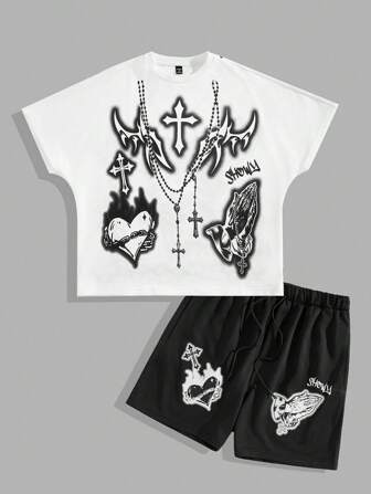 Goth 2pcs Men's Casual Religious Cross & Heart Print T-Shirt And Shorts Set
