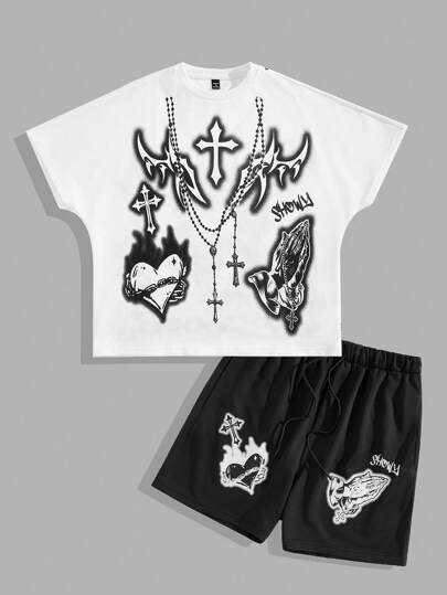 Goth 2 Stück Herren Lässig Sommer Kreuz- und Herzdruck T-Shirt und Shorts Set