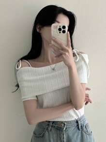 DAZY 女士纯色细肩带优雅短袖 T 恤，夏季，露肩上衣 - 白色 - 查看 9