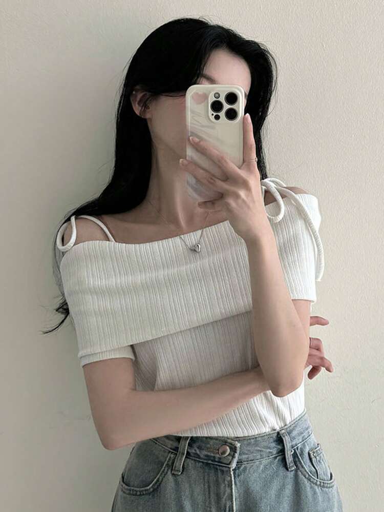Women Solid Color Spaghetti Strap Elegant Short Sleeve T-Shirt, Summer,Off Shoulder Top