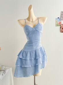 Soleia Women Light Blue Summer Elegant Graduation Mini Dress,Textured V-Neck Spaghetti Strap Backless Cinched Waist 3-Tier Asymmetric Ruffle Hem A-Line Dress - Blue - View 6