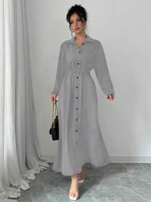 Elenzga 女式纯色长袖单排扣长款休闲衬衫裙