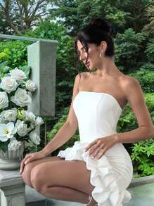 Firerie 新款欧根纱荷叶边分层白色连衣裙女士夏季服装度假服装女士婚礼宾客礼服，婚礼宾客礼服，新娘送礼会礼服白色；全白连衣裙