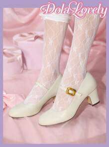 Dola Lovely Versátil moda 2024 Nuevos zapatos de tacón alto tipo Mary Jane de terciopelo con punta redonda y tacón de bloque, de fácil puesta - Albaricoque - Ver 3