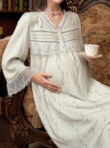 Moonlight&Mama Embroidered Patchwork V-Neck Half Button Front Oversized Long Sleeve Maternity Nightgown Luxe Loungewear, For Fall, Winter - Mint Green - View 3