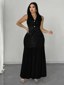 Celure Set da 2 pezzi per donna taglie forti, top a V e gonna lunga plissettata
