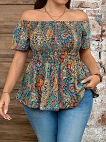 SHEIN Clasi Chemise à manches courtes avec épaules dénudées, imprimé floral, taille élastique. Décontractée et polyvalente, plusieurs couleurs, grande taille, pour le printemps/été/automne