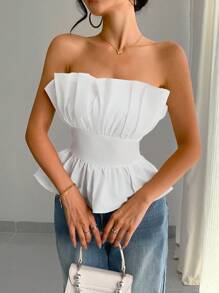 INAWLY Off Shoulder Ruffled Hem Crop Top Peplum - White - View 4