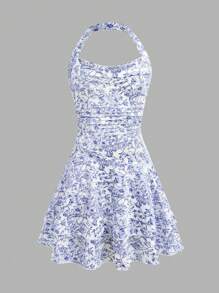 SHEIN Girlism Vestido informal sin mangas con cuello de halter, cintura fruncida y ribete de volantes para niñas preadolescentes - Azul - Ver 6