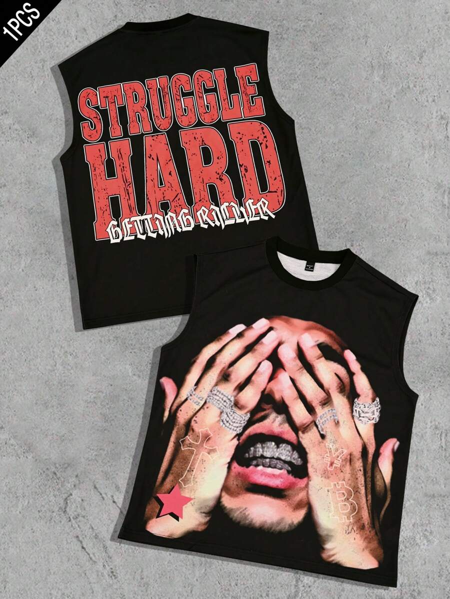 PAVTROS 男式圆领无袖图案印花休闲背心 说唱歌手 T 恤 图案 T 恤 男式 图案 T 恤 图案 T 恤 男式 图案 T 恤 图案 T 恤 男式 - 黑色 - 查看 1