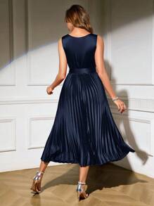 SHEIN Clasi Sleeveless Midi Solid Color Pleated Waist Dress For Women, Elegant,Summer Dresses For Women - Navy Blue - View 2