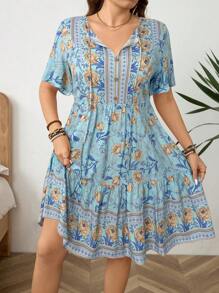 SHEIN LUNE Plus Size Floral Print Tie Neck Casual Vacation Short Sleeve Dress Plus Size Women Casual Cashew Ditsy Floral Short Sleeve Holiday Dress Vacation Style Bohemian Dress,Summer Dresses For Women Plus Size Boho Dress Plus Size Summer Dress Plus Size Floral Dress Fall Women Clothes School Clothes Teacher Outfits For Women Country Outfits Women Fall Clothes For Women Fall Outfits Women Dresses For Women Casual Bandana Surplice Neck Pocket Belted Flutter Hem Maxi Dress - Blue - View 5