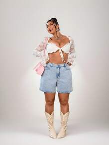 SHEIN ICON Plus Size Women Fashion Versatile Bow Embroidery Denim Shorts - Light Wash - View 6