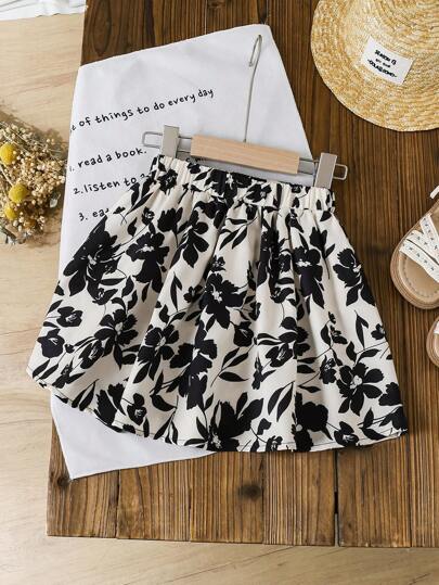 年轻女孩花卉印花松紧腰休闲夏季 A 字裙