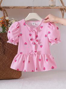 SHEIN Young Girl Strawberry Stripe Print Cute Puff Sleeve Blouse,Holiday,Summer, Travel - Hot Pink - View 1