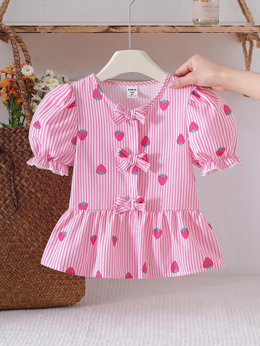 SHEIN Young Girl Strawberry Stripe Print Cute Puff Sleeve Blouse,Holiday,Summer, Travel - Hot Pink - View 1