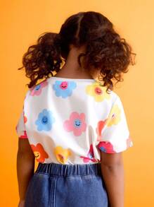 SHEIN Young Girls Cute Smiling Face & Floral Print T-Shirts - Multicolor - View 2