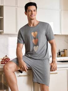 Manfinity 3 Sets Men Heart Print Pajama Suits - Light Grey - View 2