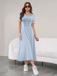 Seusyu Women's Contrast Color Collar Pleated Short Sleeve Casual Dress - Blue and White - View 5