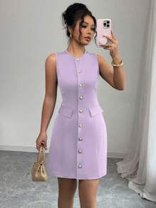 Elenzga Sleeveless Elegant Commuter Fashion Front Closure Waist Cinched Waist Women Dress