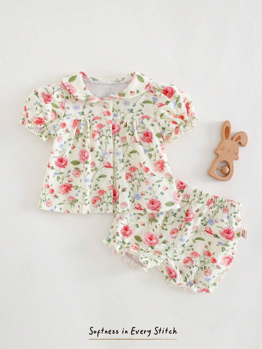 Cozy Pixies Newborn Baby Girl 2pcs/Set Floral Print Knit Soft Round Neck Ruffle Sleeve Cardigan And Elastic Waist Shorts - Multicolor - View 1