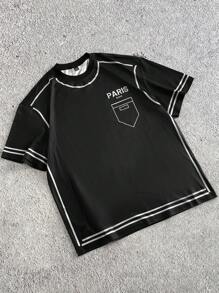 Manfinity Hypemode Camiseta de manga corta de cuello redondo holgada con líneas estructuradas de contraste, estilo callejero juvenil de los hombres, artículo versátil en INS, adecuado para ropa deportiva, usar de vuelta a la escuela y como regalo para novio.