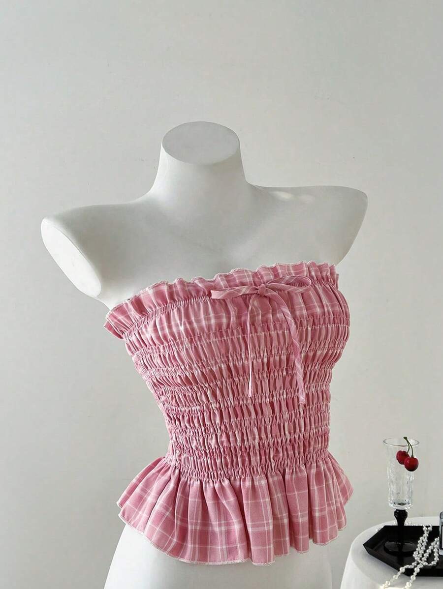 Elamini Women Summer Strapless Frill Trim Bowknot Form-Fitting Crop Top - Pink - View 1