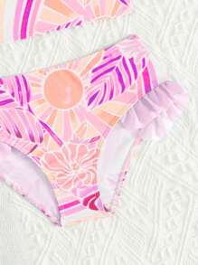 SHEIN Girl Toddler Vacation Style Printed Ruched Edge Back Halter Bikini Set, Family Matching Outfits Mommy And Me (4 Pieces Sold Separately) - Multicolor - View 4